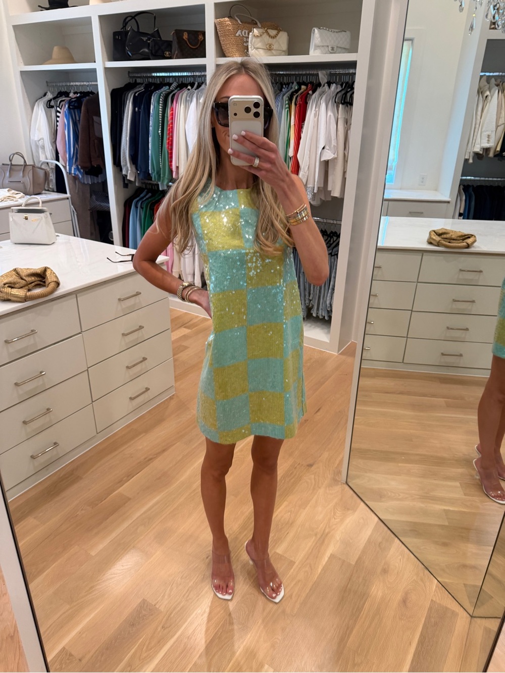 Lily shift dress; Sequin Checkerboard Shift Dress - Aqua & Lemon XXS New
